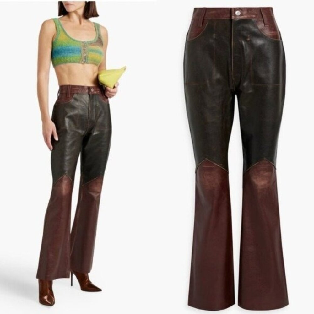 NEW RE/DONE Two Tone Leather Flared Pants 26 Brown Western Vintage High Rise